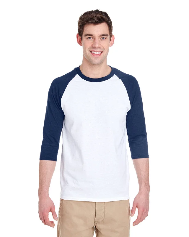 Closeout Gildan Heavy Cotton 3/4-Raglan Sleeve T-Shirt | White/ Navy