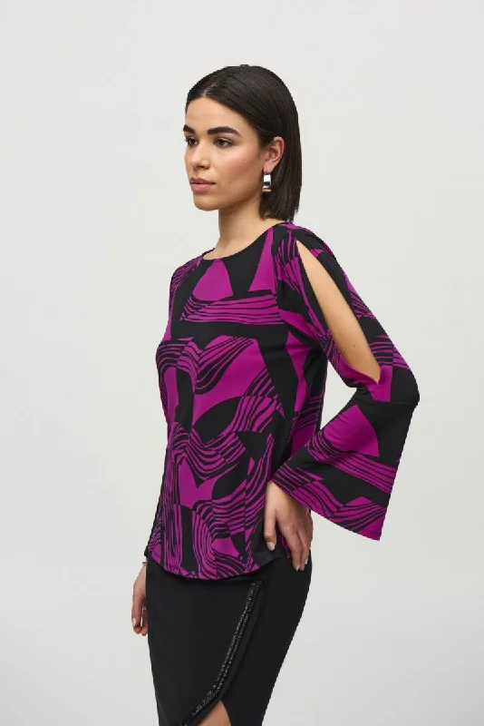 Joseph Ribkoff Empress/Black Abstract Print Flared Slit Sleeve Top 244111