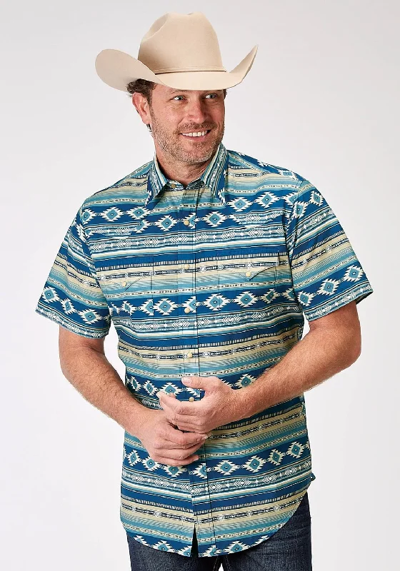 Midnight Madness Roper Mens 1899 Aztec Blanket Blue 100% Cotton S/S Shirt