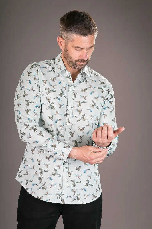 Unwind with Weekend Discounts Parrots Blue Print Cotton Slim Fit Mens Shirt Long Sleeve