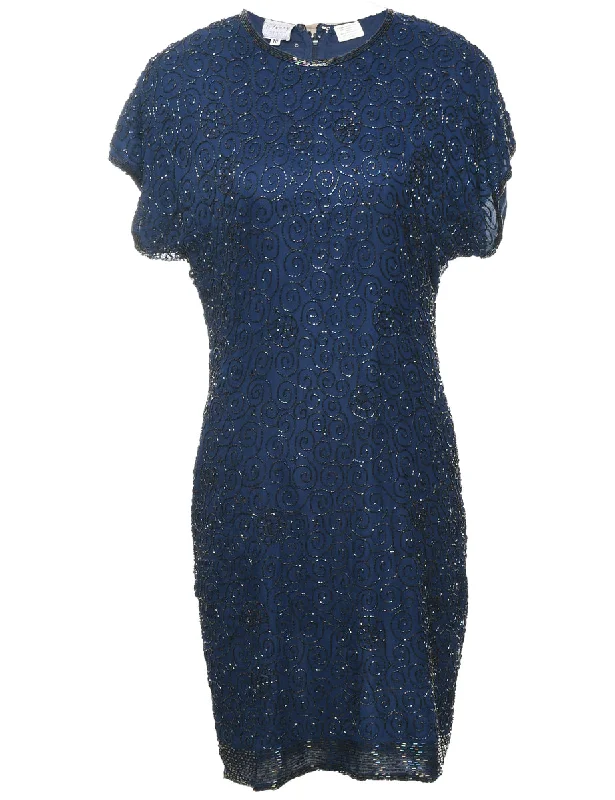 Deal of the Day 100% Silk Navy Beaded Evening Dress - L