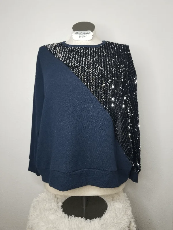 Long Sleeve Knit Top W Sequin Contrast