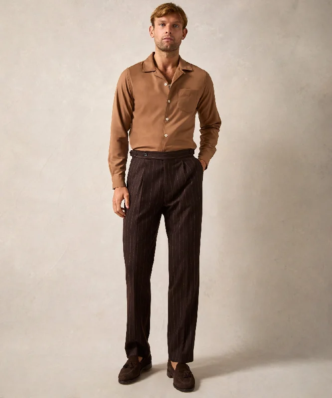 Shop the Weekend Away Italian Flannel Side Tab Trouser in Brown Pinstripe