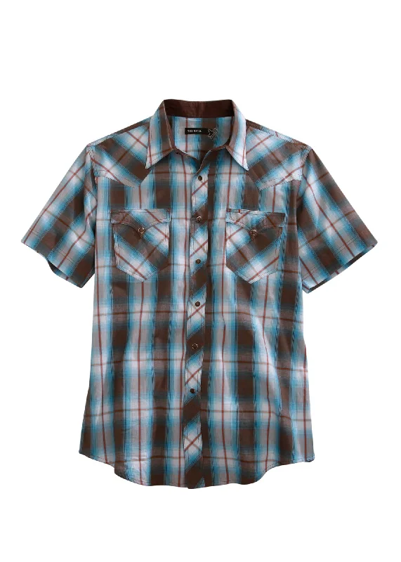 Best Bargains Tin Haul Mens Brown 100% Cotton Turquoise Plaid S/S Shirt