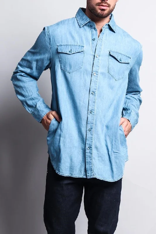 Weekend Savings Delight Extended Length Denim Button Up Shirt