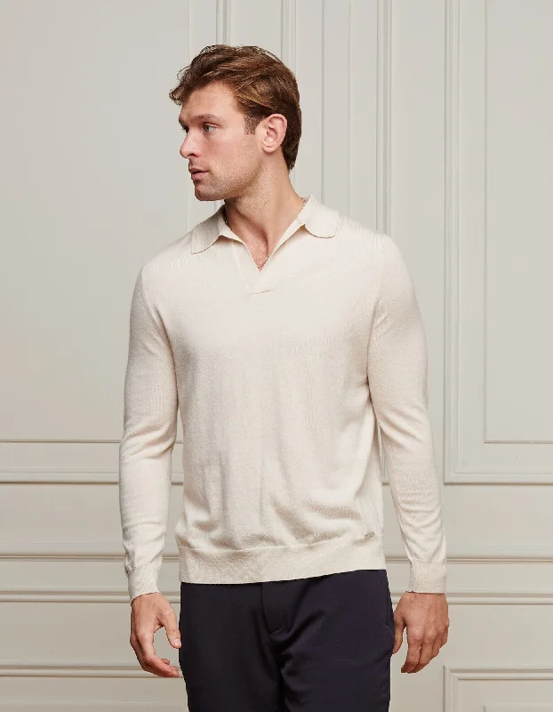 Can't Miss Beige L/S Merino Open Collar Polo