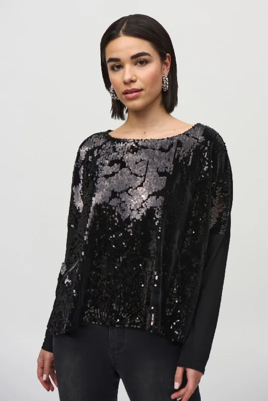 Joseph Ribkoff Black Sequined Velvet Long Sleeve Top 244005