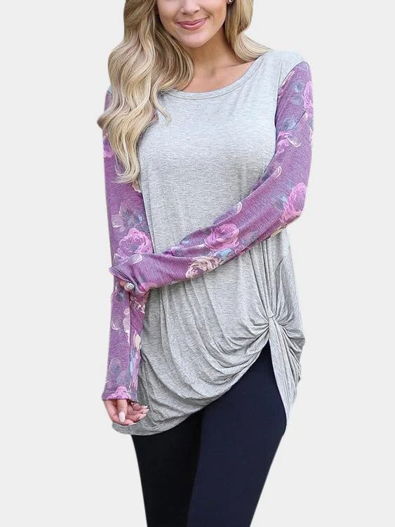 Custom Crew Neck Floral Print Long Sleeve Irregular Hem Grey T-Shirts