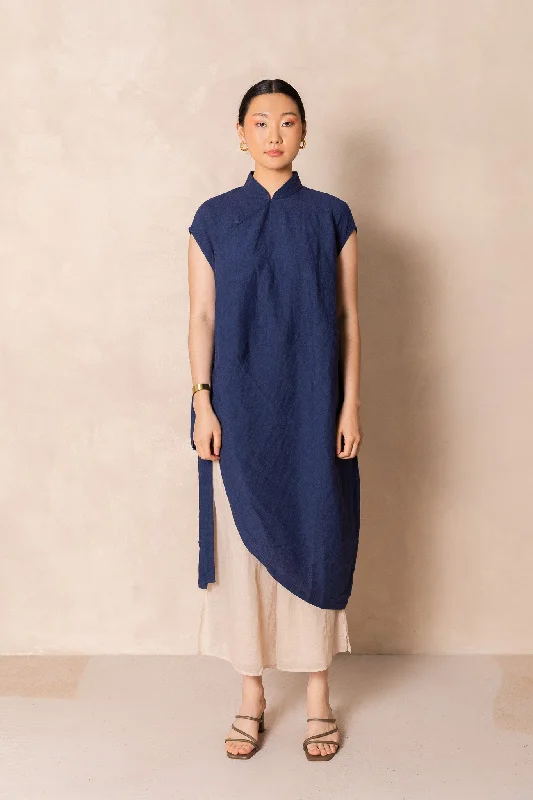 Dazhuo Cocoon Cheongsam Long Top (Dark Blue)