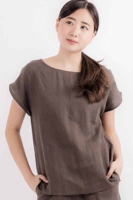 Linen Short Sleeve Top in Coffee Brown