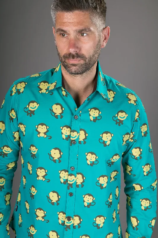Weekend Discounts Worth Grabbing Monkeys Green Blue Yellow Print Cotton Slim Fit Mens Shirt Long Sleeve