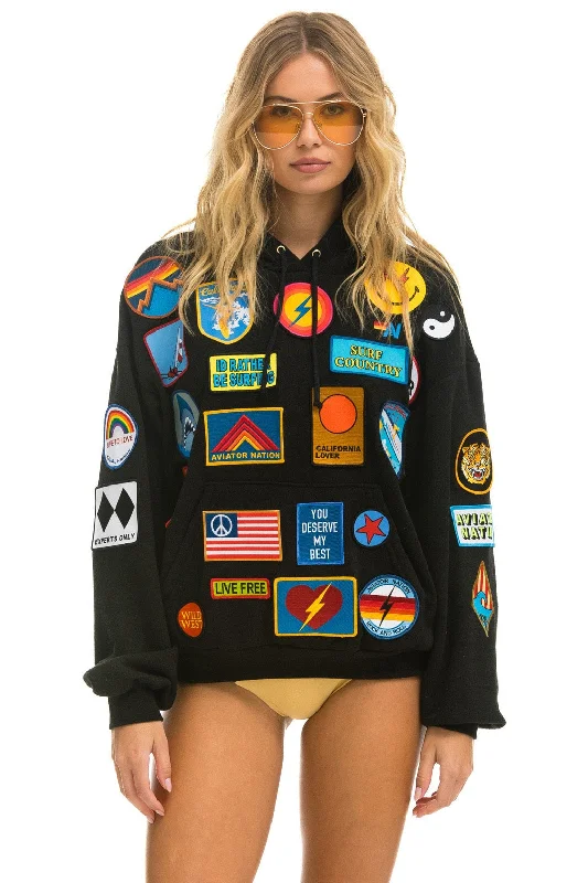 Price Slash VINTAGE PATCH RELAXED PULLOVER HOODIE- BLACK