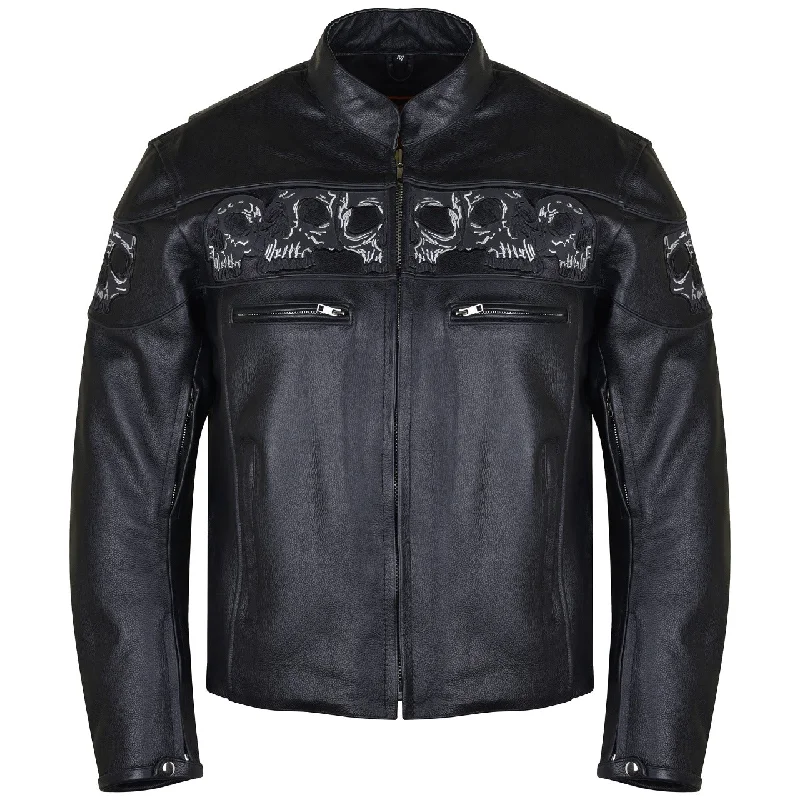 Weekend Bargains to Relish VL535 Reflective Skull Premium Cowhide Leather Motorcycle Jacket