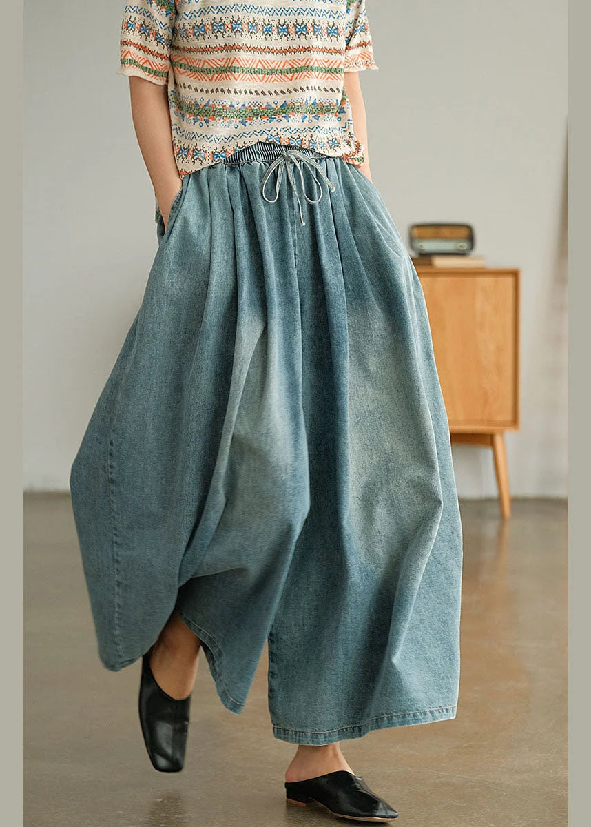 Loose Blue Cinched Pockets Denim Wide Leg Pants