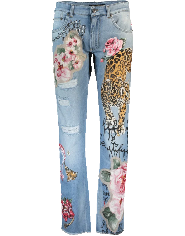 Floral And Leopard Distressed Jean