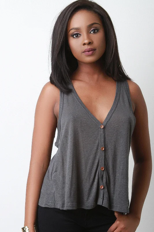 Button-Up V-Neck Sleeveless Top