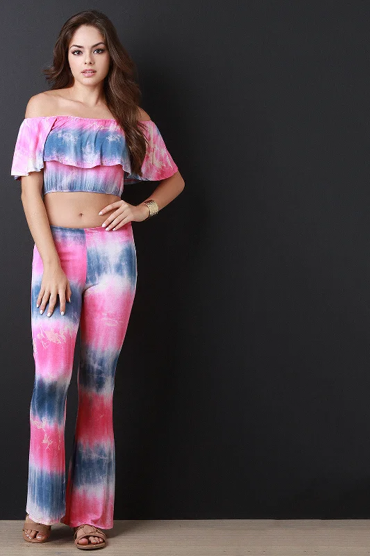 Colorblock Tie Dye Ruffle Off-The-Shoulder Crop Top