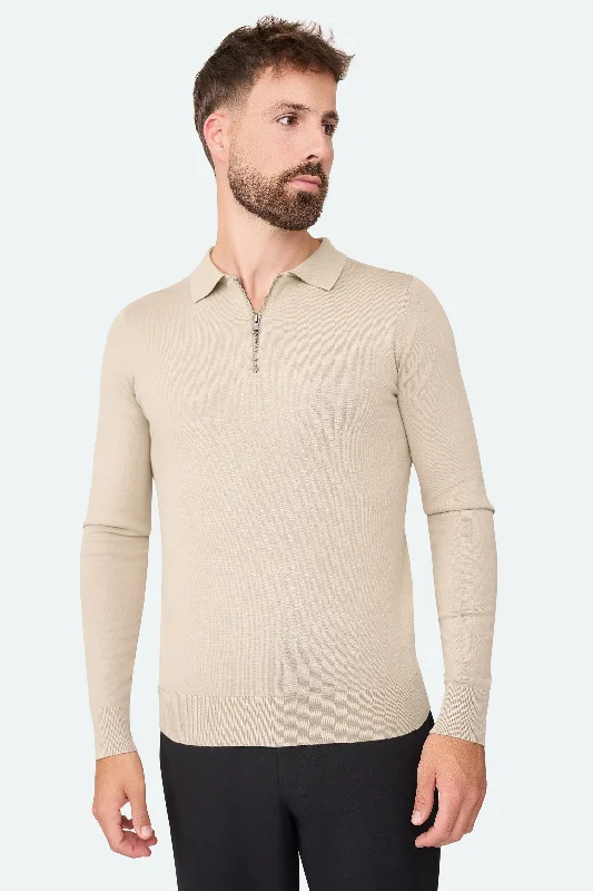 Weekend Savings Fiesta Nathan Zipper Longsleeve Polo Beige