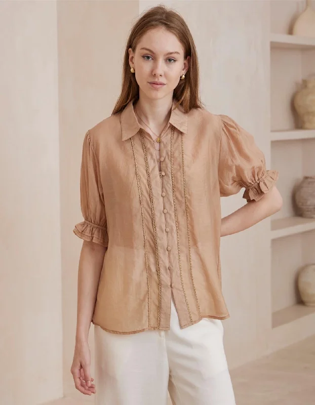 Orlyn Short Sleeve Button Front Blouse in Caramel