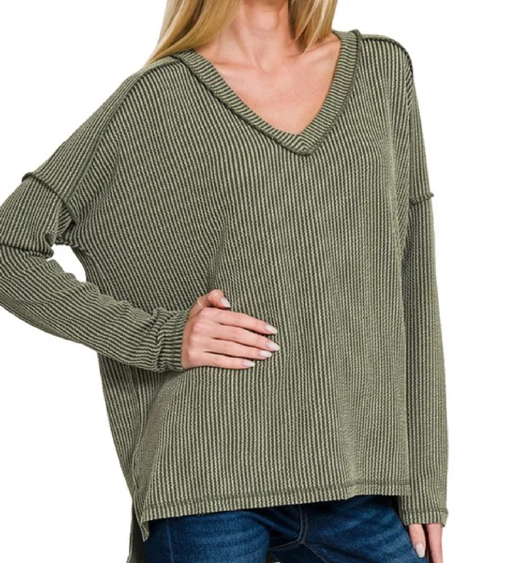 Long Sleeve Rib V-Neck Top