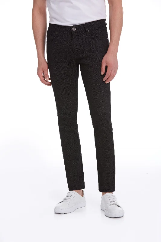 Super Deal Slim Fit Woven Textured Low Waist Black Cotton Casual Pants