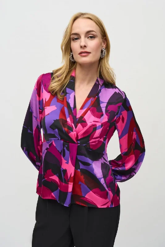 Joseph Ribkoff Black/Multi Abstract Print Faux Wrap Satin Top 244078