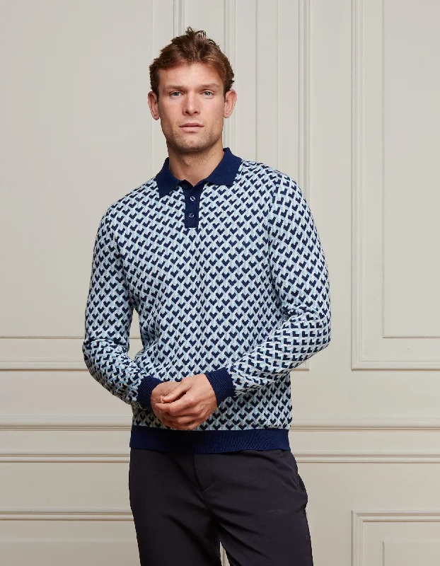 Weekend Bargains to Cherish L/S Blue Illusion Knit Print Polo
