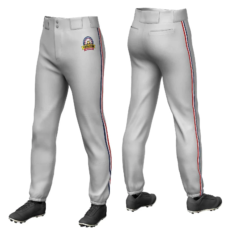 Best Bargains Custom Gray Navy White-Red Classic Fit Stretch Practice Pull-up Baseball Pants