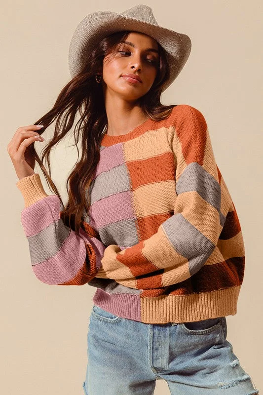 ROMAN MULTI COLOR STRIPE HALF BLOCK SWEATER TOP S-XL