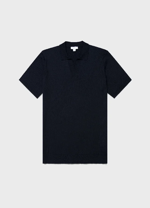 Closeout Men's Fine Rib Silk Cotton Polo Shirt in Navy