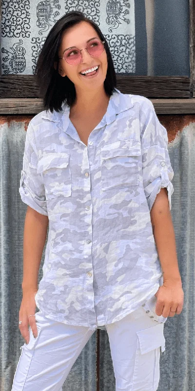 Camo Linen Button Down Top