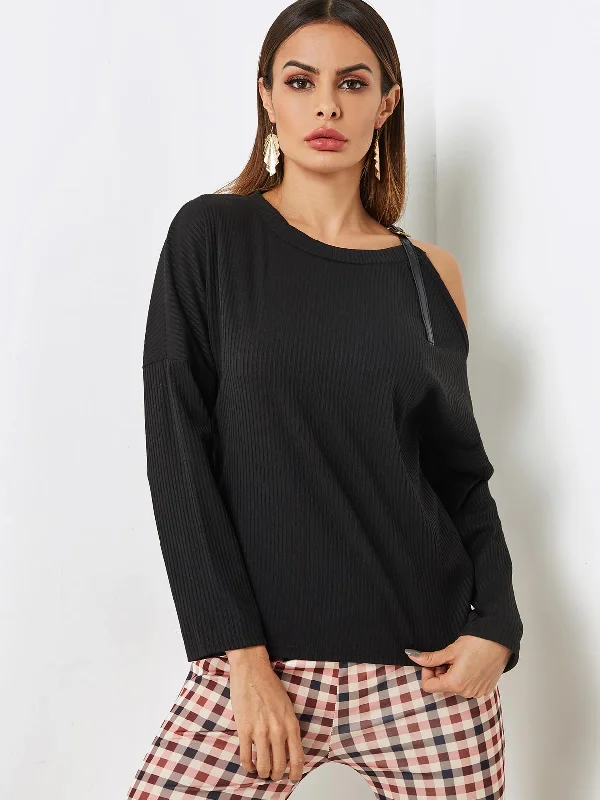 Weekend Offers That Tempt Custom Cold Shoulder Plain Long Sleeve Black T-Shirt