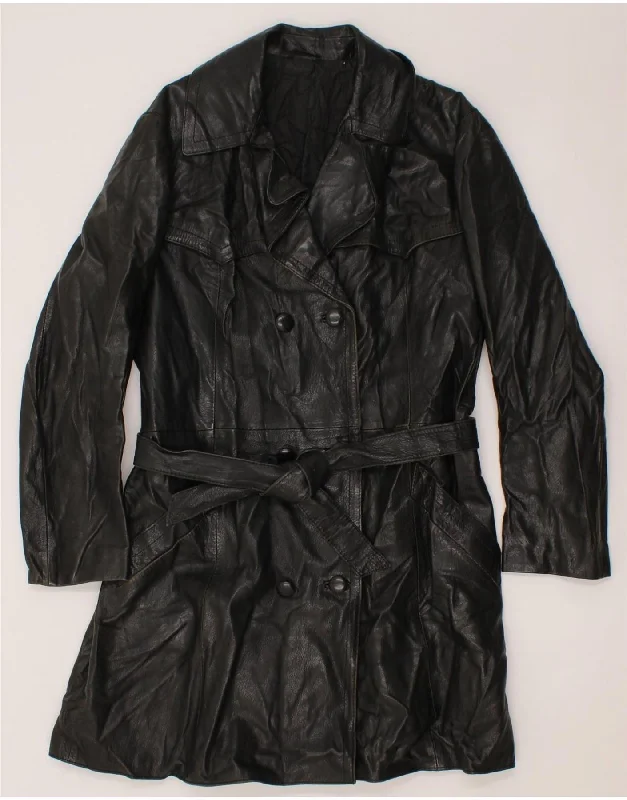 VINTAGE Womens Double Breasted Leather Coat IT 52 2XL Black