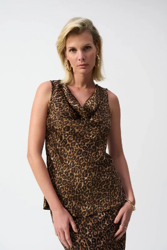 Joseph Ribkoff Beige/Black Animal Print Cowl Neck Sleeveless Satin Top 244258