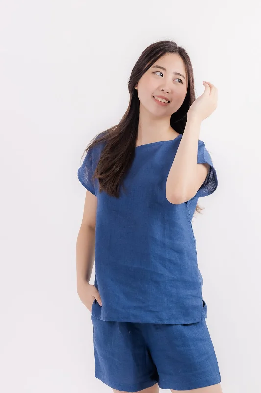 Linen Short Sleeve Top in Dark Blue