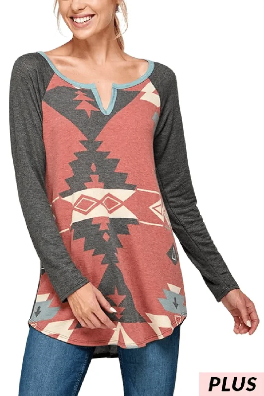 Plus Size Aztec Print Split Neck Top