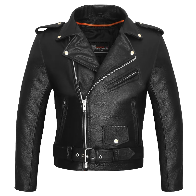 Shop and Save VL516S Men's Basic Classic Motorcycle Jacket Plain Side w/Belted Waist