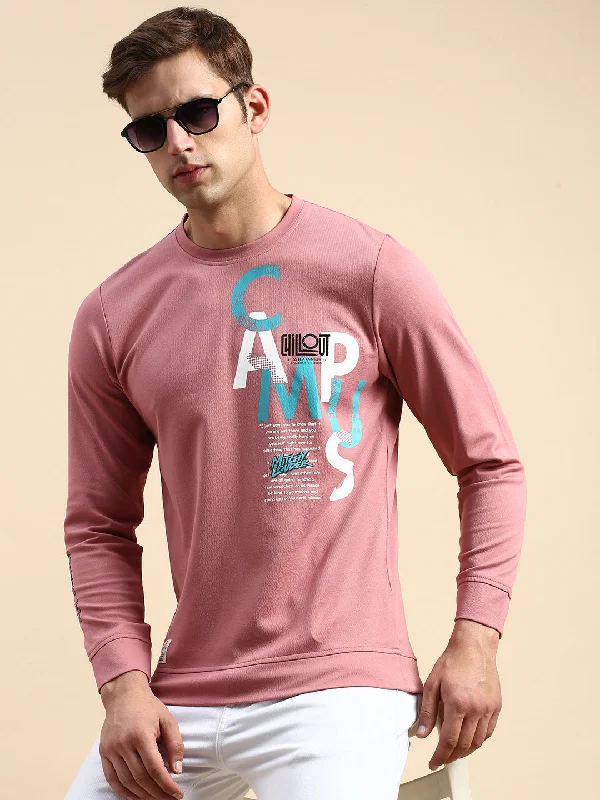 Year-End Clearance Men Pink Printed Casual Sweatshirt
