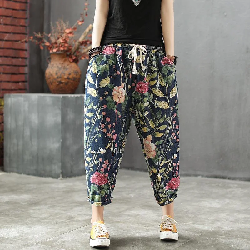 Loose Floral Print Elastic Waist Denim Pants