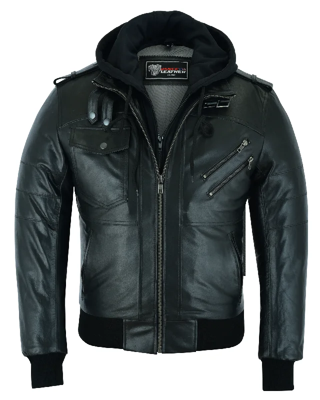 Major Deal VL551B Vance Leathers' Men's Sven Bomber Black Waxed Premium Cowhide Motorcycle Leather Jacket with Removeable Hood