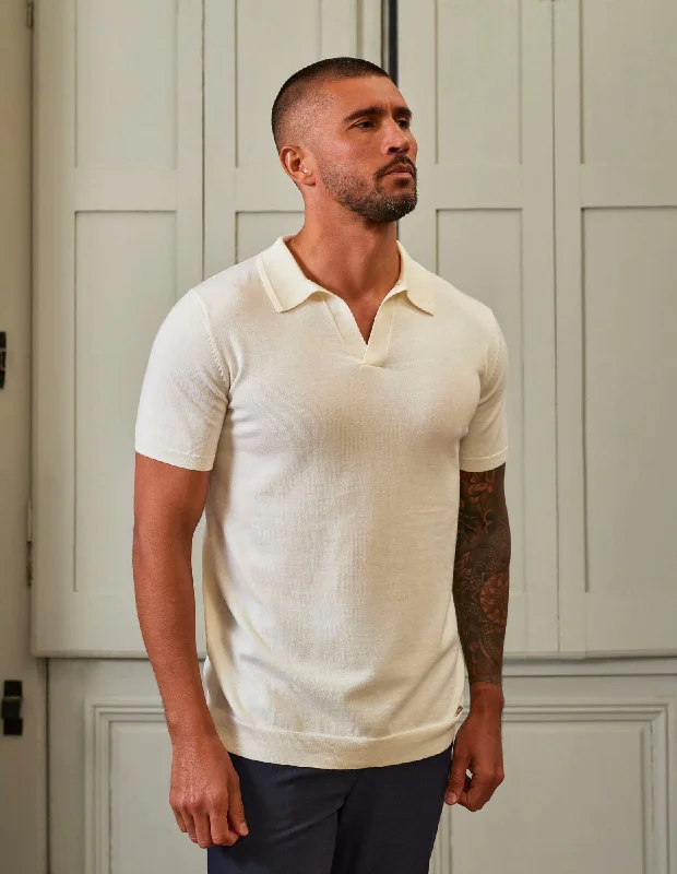 Weekend Discounts to Grab Off White Open Collar Knit Polo