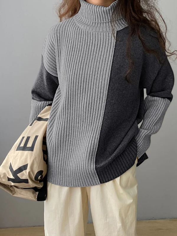 Two Tone Colorblock High Modern Neck Ribbed Knit Sweater