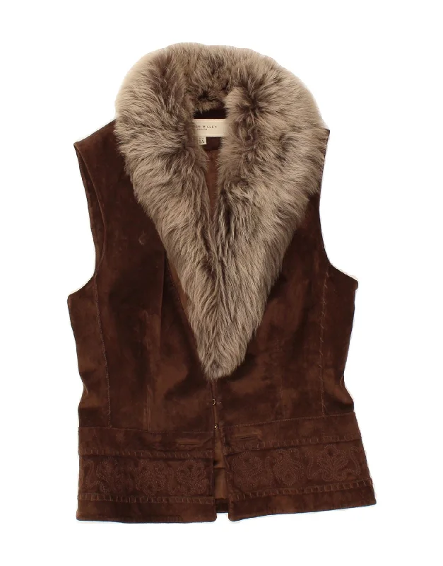 KAREN MILLEN Womens Suede Gilet UK 10 Small Brown Leather