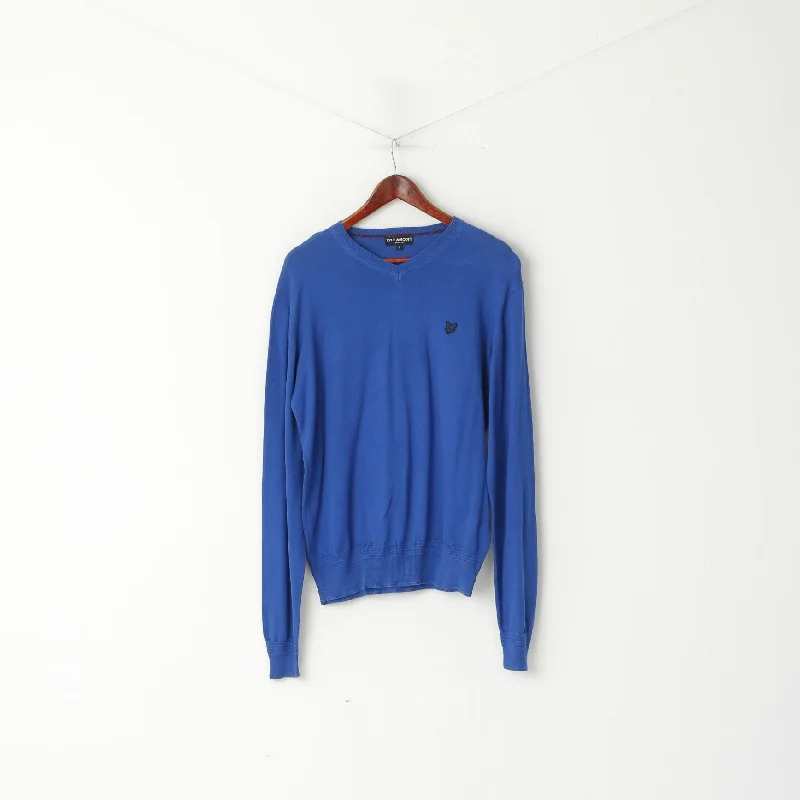 Weekend Deals to Brighten Your Day Lyle & Scott Men L Jumper Heritage Blue Cotton V Neck Strech Plain Sweater
