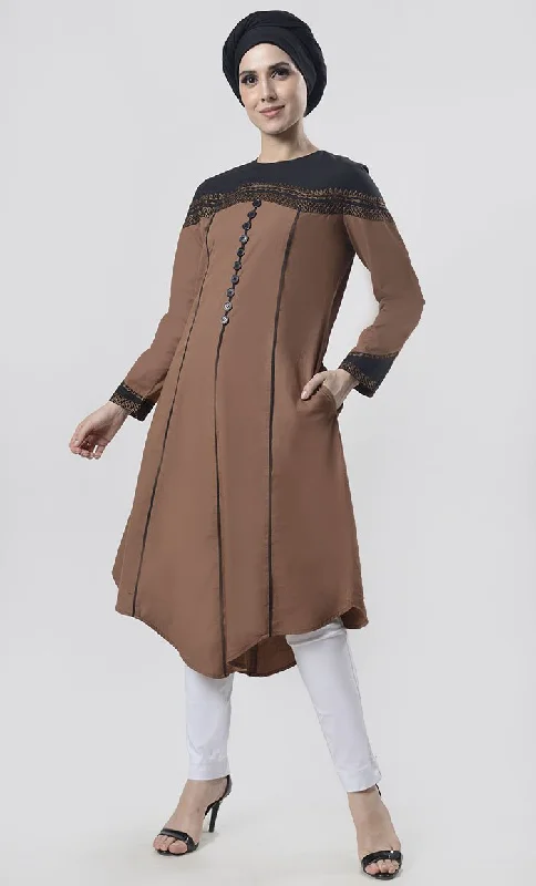 Superb Black Piping Detailing With Aari Work Tunic