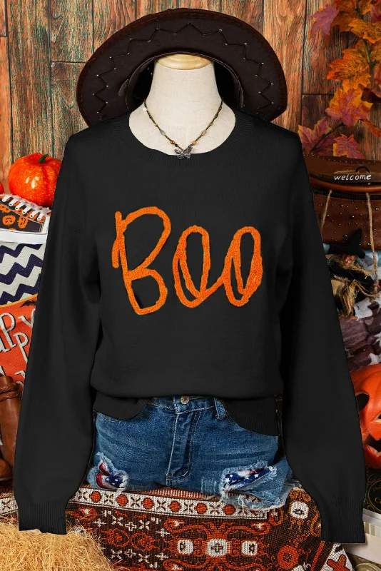 Fall Boo Knitted Ribbed Edge Drop Shoulder Halloween Sweater